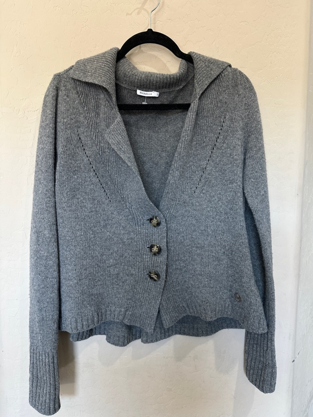 MARELLA Gray Hooded Button-Front Knit Cardigan 100% wool